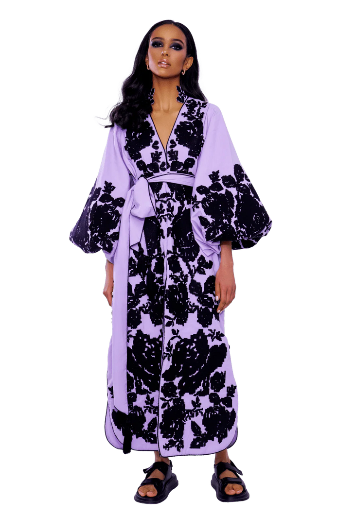 Lavender cotton caftan midi dress with black rose embroidery and balloon sleeves — Yuliya Magdych | Endless UAE