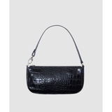 Black crocodile embossed leather shoulder bag held in hand against white background — By Far | Endless UAE