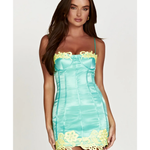 Tatiana Mini Dress in turquoise with yellow lace trim — Meshki | Endless UAE