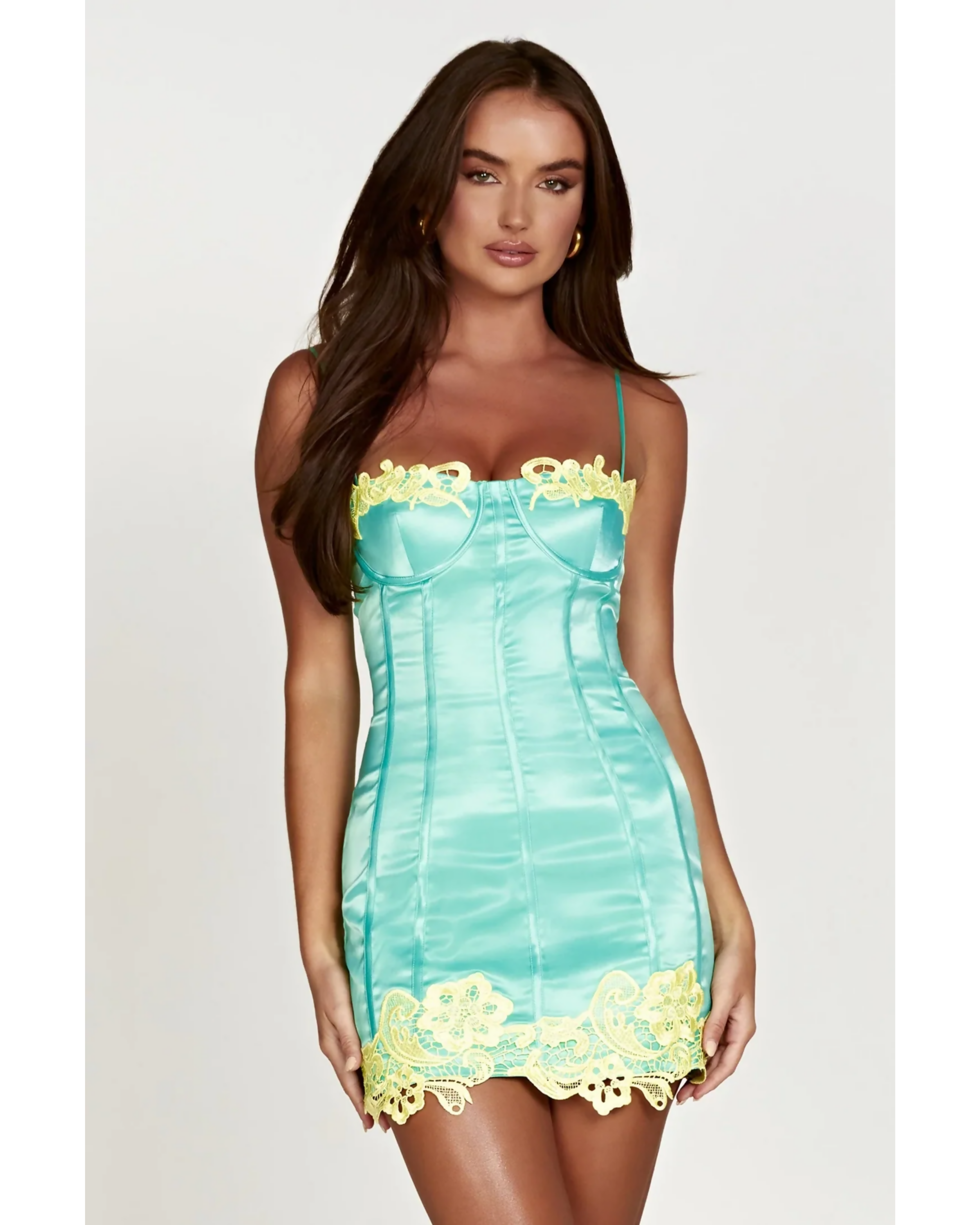 Tatiana Mini Dress in turquoise with yellow lace trim — Meshki | Endless UAE