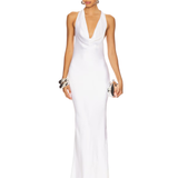 Woman wearing white halter drape bias gown with silver cuff bracelet — Norma Kamali | Endless UAE