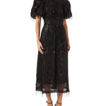 Black sequin fringe midi dress with puffed sleeves — Rotate Birger Christensen | Endless UAE