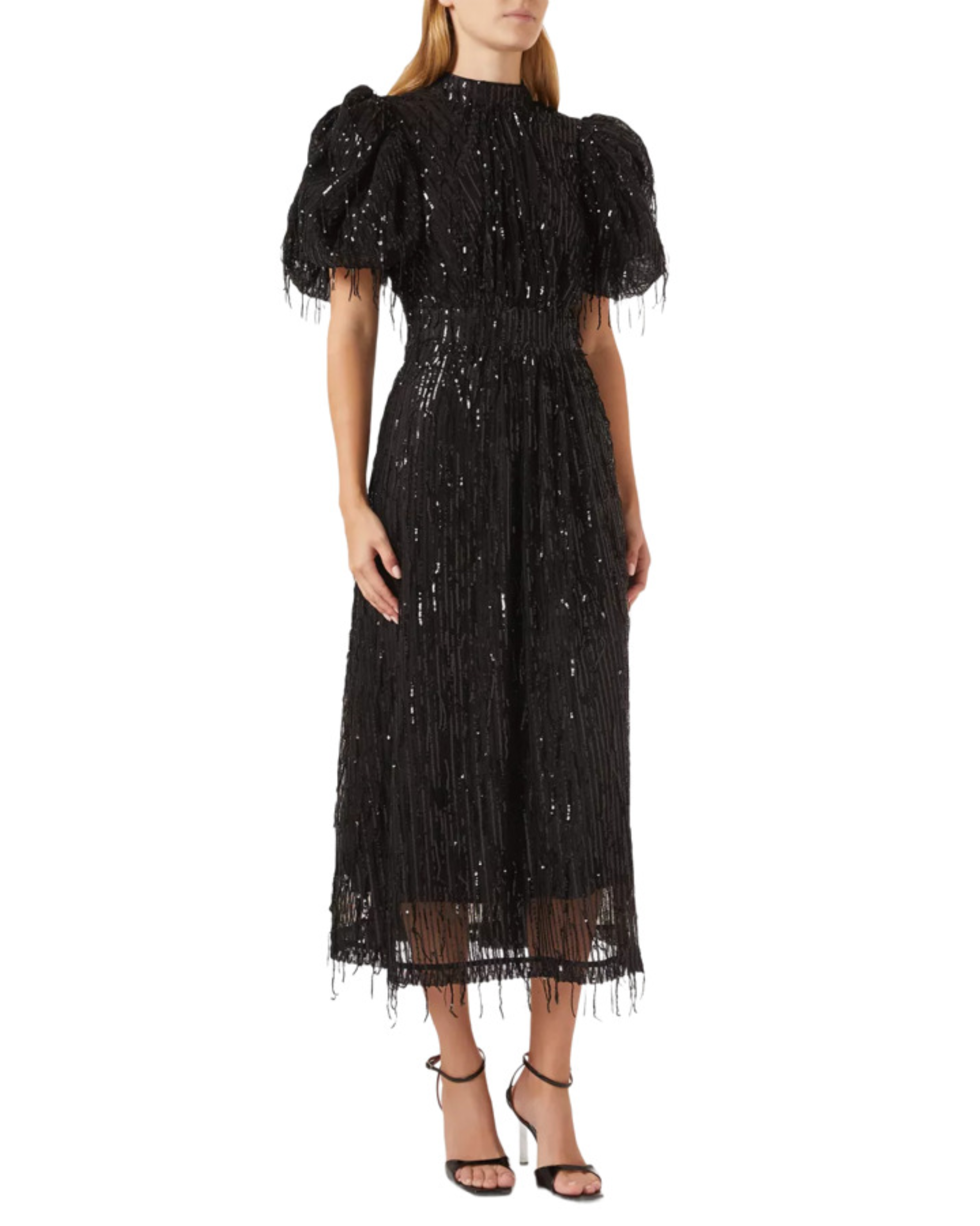 Black sequin fringe midi dress with puffed sleeves — Rotate Birger Christensen | Endless UAE