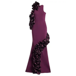Burgundy halter gown with ruffled appliqué detailing on sides — Greta Constantine | Endless UAE