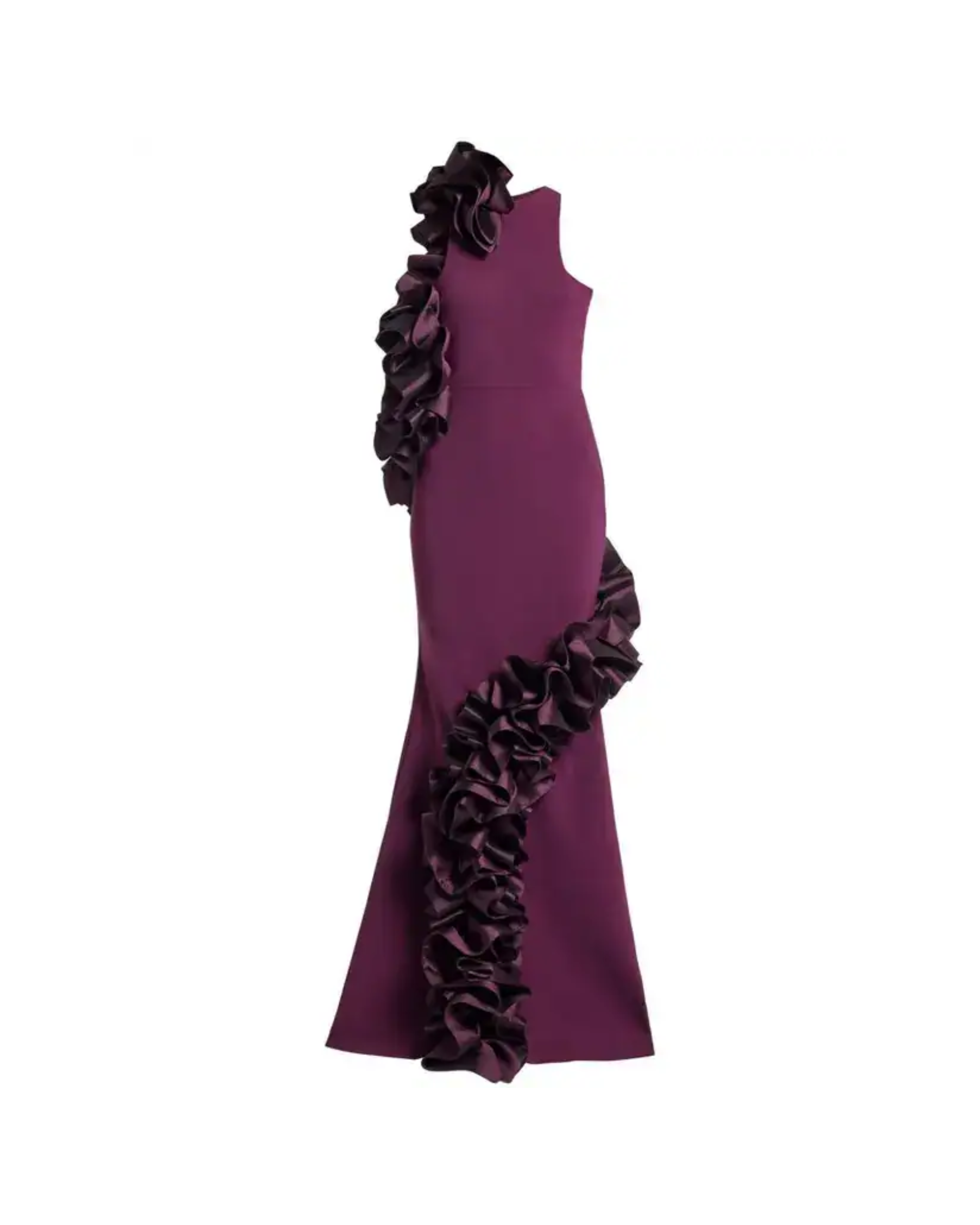 Burgundy halter gown with ruffled appliqué detailing on sides — Greta Constantine | Endless UAE