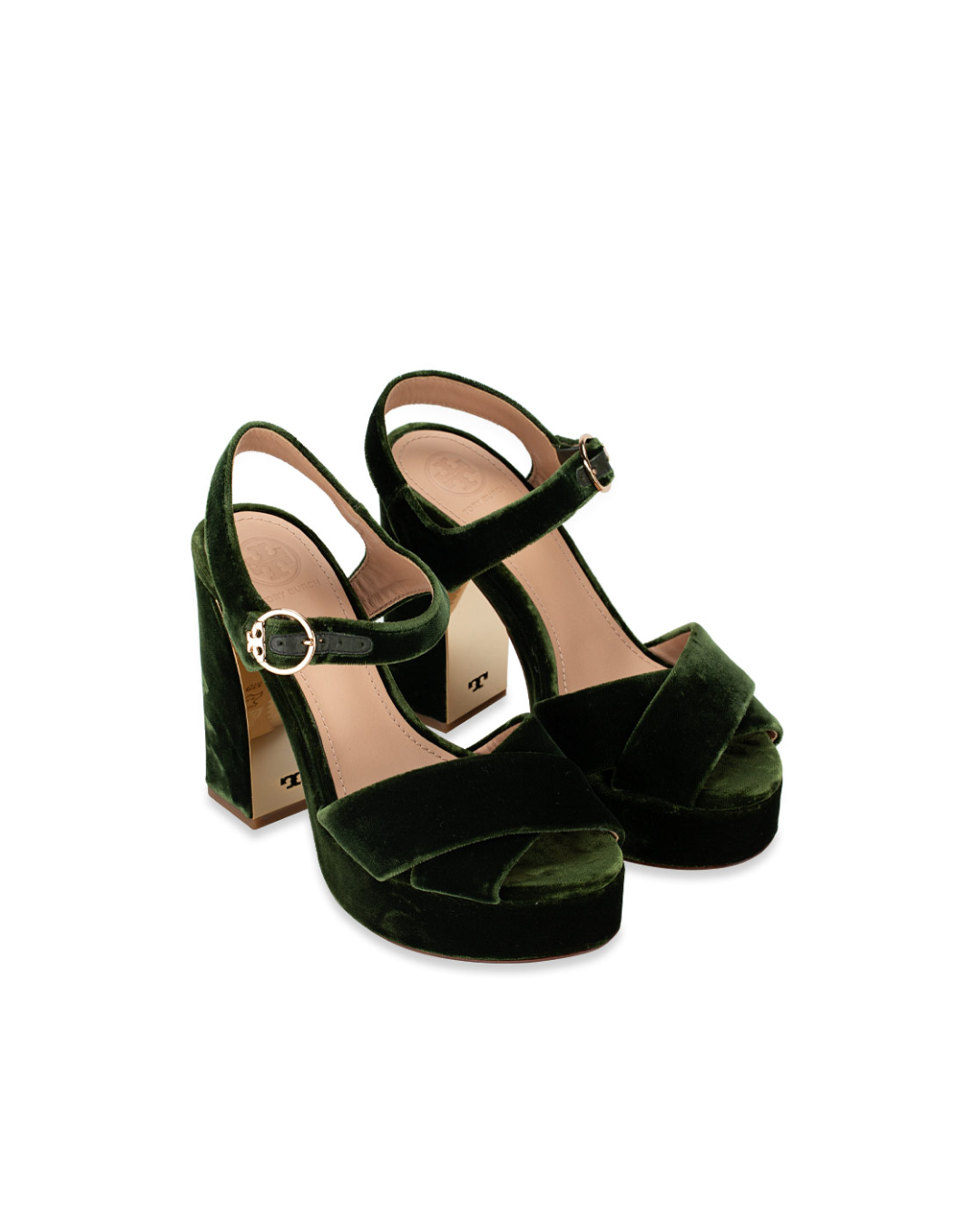 Green velvet platform sandal with chunky heel and ankle strap — Tori Burch | Endless UAE
