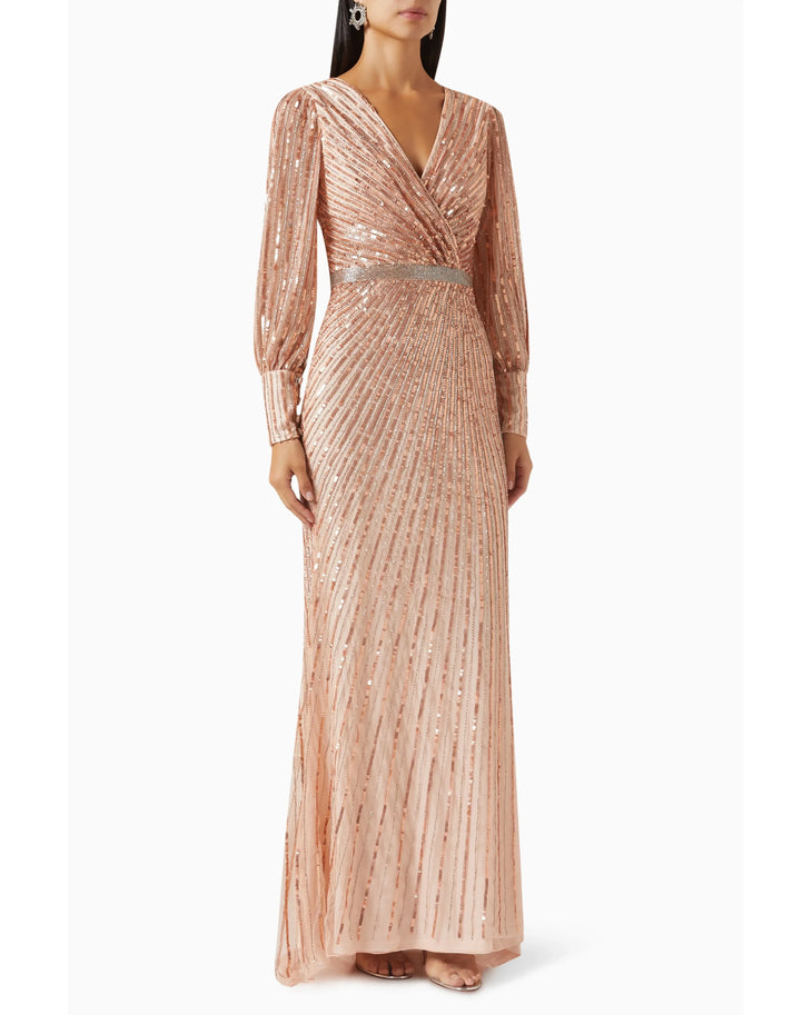 Peach sequinned wrap gown with long sleeves and embellished waist belt — Mac Duggal | Endless UAE