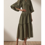 Olive green tiered midi dress with high neck, button front detail, and billowy long sleeves on model — Shona Joy | Endless UAE