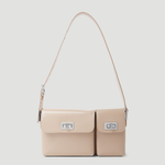 Beige patent leather shoulder bag with dual compartments and silver turnlock closures — Endless | Endless UAE