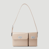 Beige patent leather shoulder bag with dual compartments and silver turnlock closures — Endless | Endless UAE