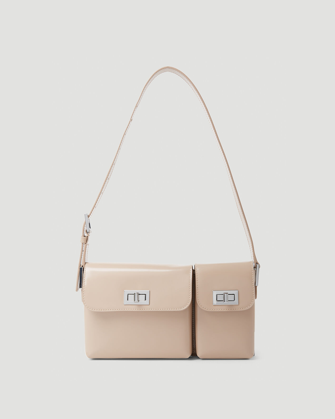 Beige patent leather shoulder bag with dual compartments and silver turnlock closures — Endless | Endless UAE