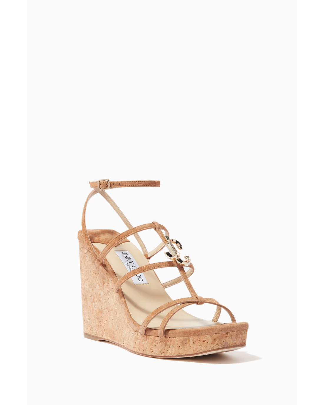Tan suede wedge sandals with cork platform, strappy design and gold-tone buckle detail — Jimmy Choo | Endless UAE