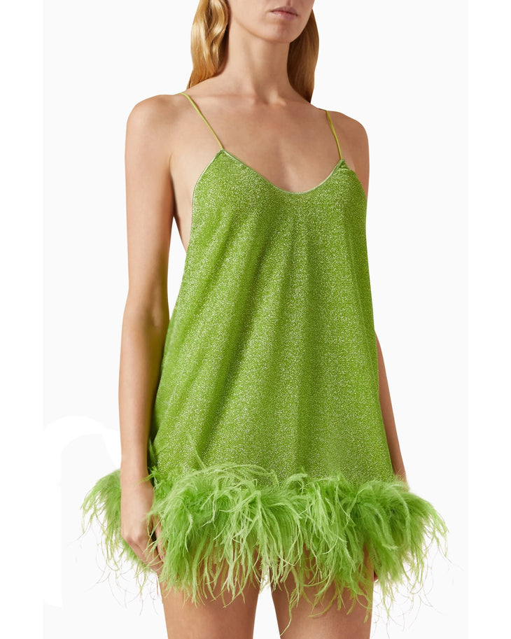 Lime green sequined mini dress with feather hem and thin straps — Oseree | Endless UAE