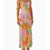 Multicolored tie-dye midi dress with ruffles, sequin embellishments, and cold-shoulder design — Never Fully Dressed | Endless UAE
