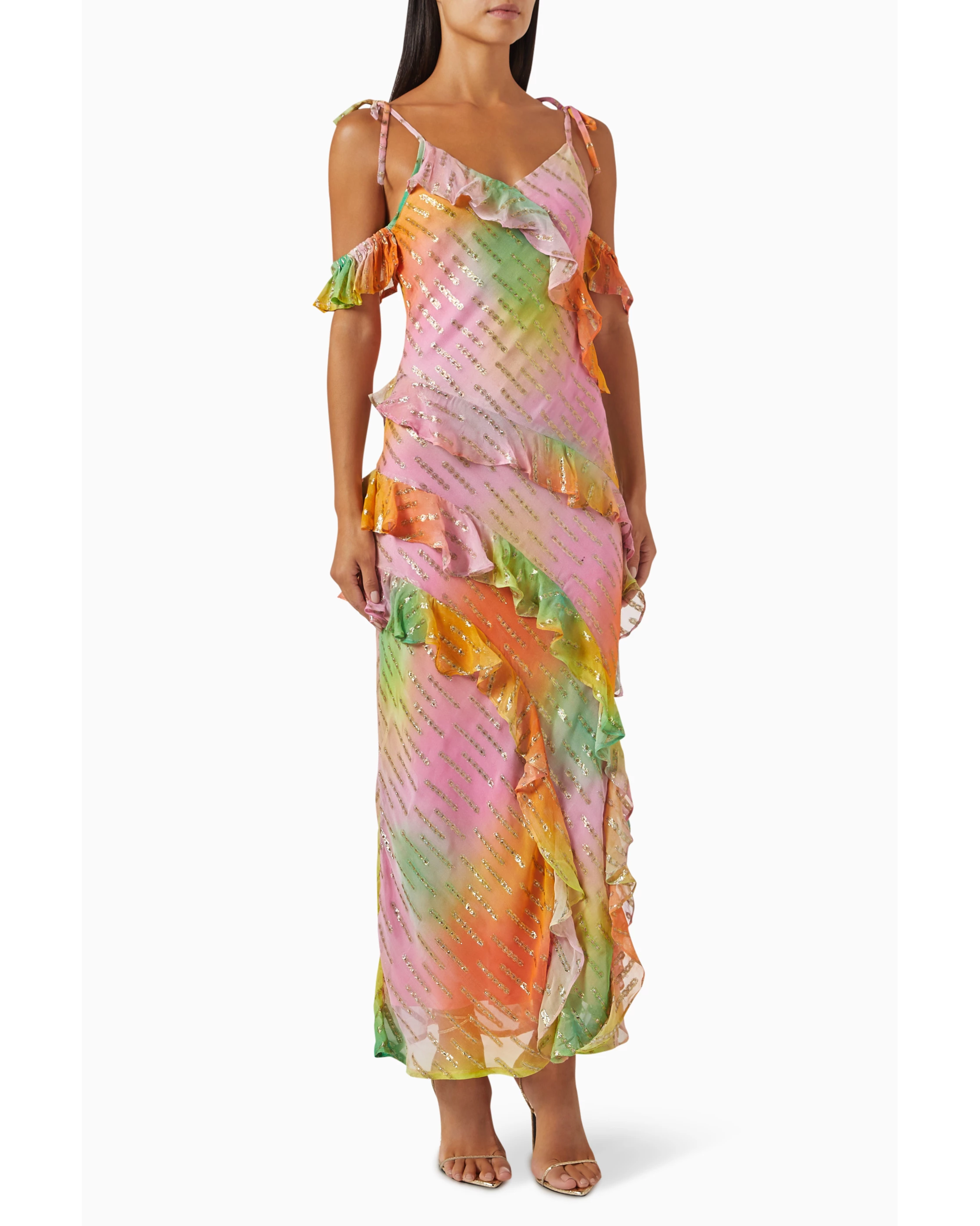 Multicolored tie-dye midi dress with ruffles, sequin embellishments, and cold-shoulder design — Never Fully Dressed | Endless UAE