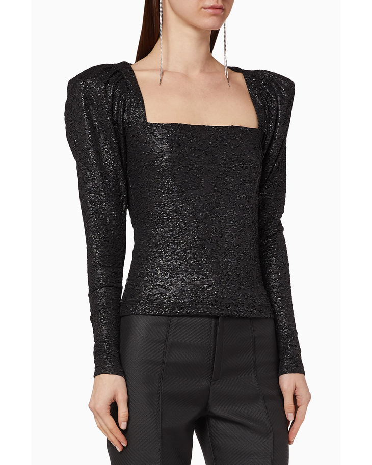 Black sparkle square-neck long-sleeve top with puffed shoulders — Rotate Birger Christensen | Endless UAE