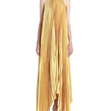 Woman wearing pleated marigold halter gown with high-low hemline — L'IDÉE | Endless UAE
