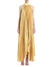 Woman wearing pleated marigold halter gown with high-low hemline — L'IDÉE | Endless UAE