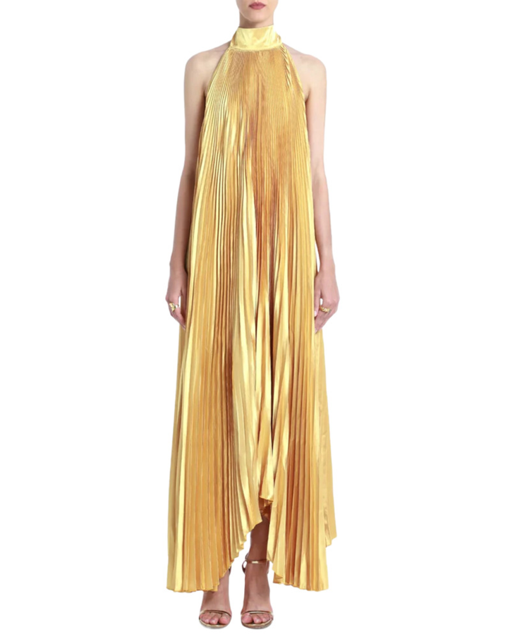 Woman wearing pleated marigold halter gown with high-low hemline — L'IDÉE | Endless UAE