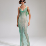 Mint rhinestone fishnet cowl neck maxi dress with spaghetti straps — Self-Portrait | Endless UAE