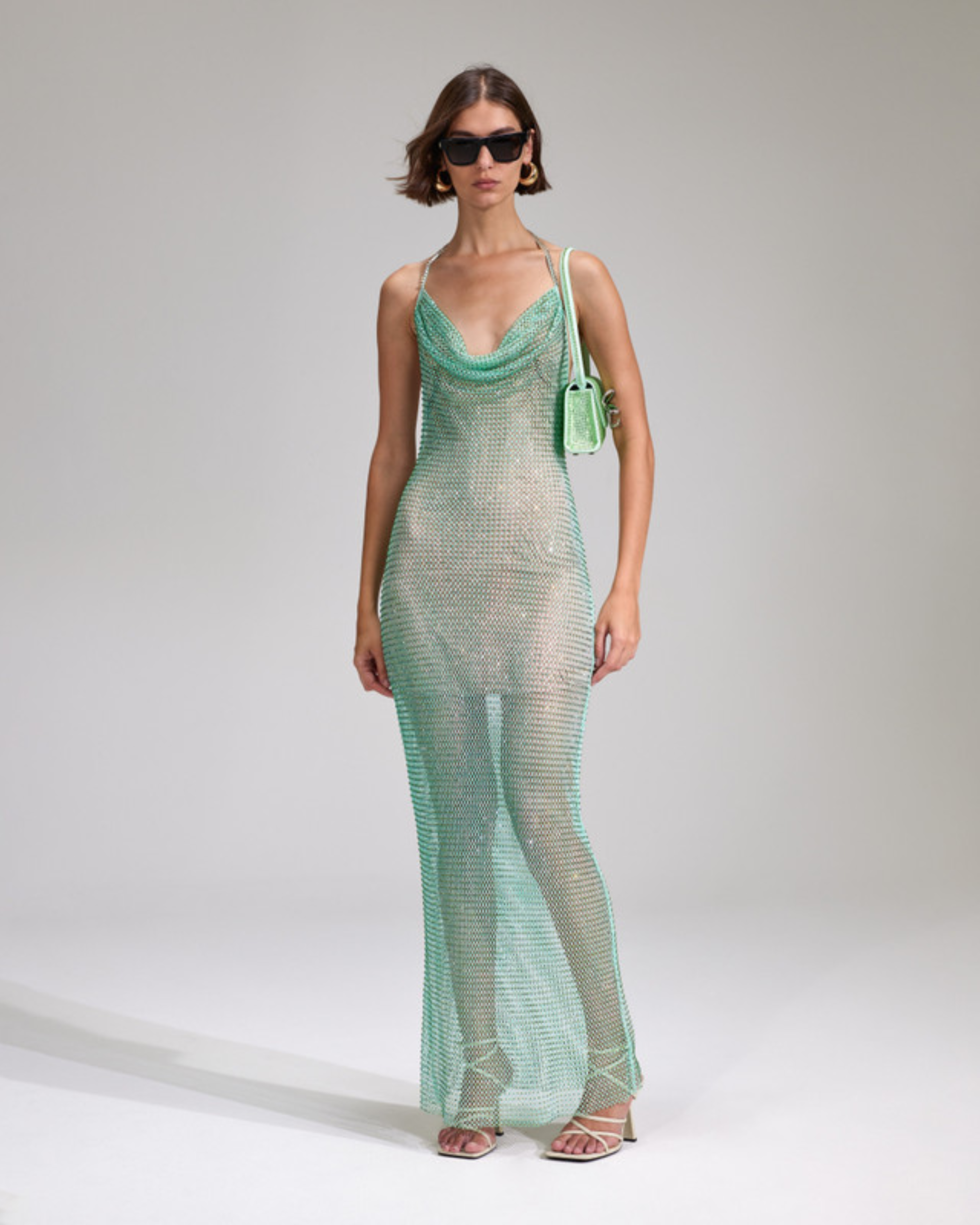 Mint rhinestone fishnet cowl neck maxi dress with spaghetti straps — Self-Portrait | Endless UAE