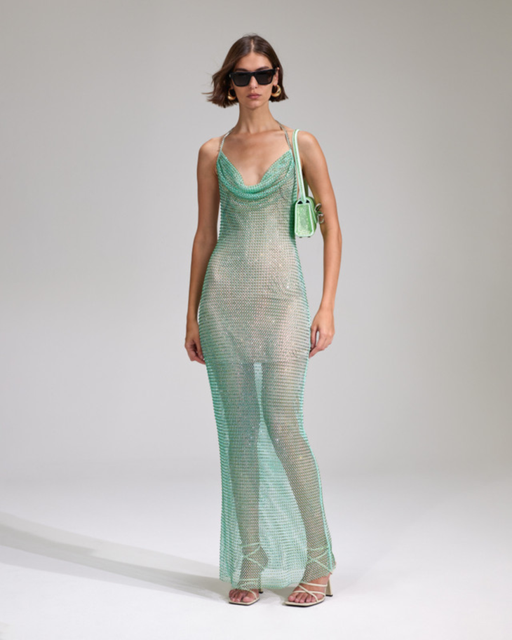 Mint rhinestone fishnet cowl neck maxi dress with spaghetti straps — Self-Portrait | Endless UAE
