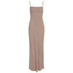 Sleeveless maxi dress in beige and brown geometric print with square neckline and thin adjustable straps — Monday Swimwear | Endless UAE