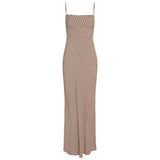 Sleeveless maxi dress in beige and brown geometric print with square neckline and thin adjustable straps — Monday Swimwear | Endless UAE
