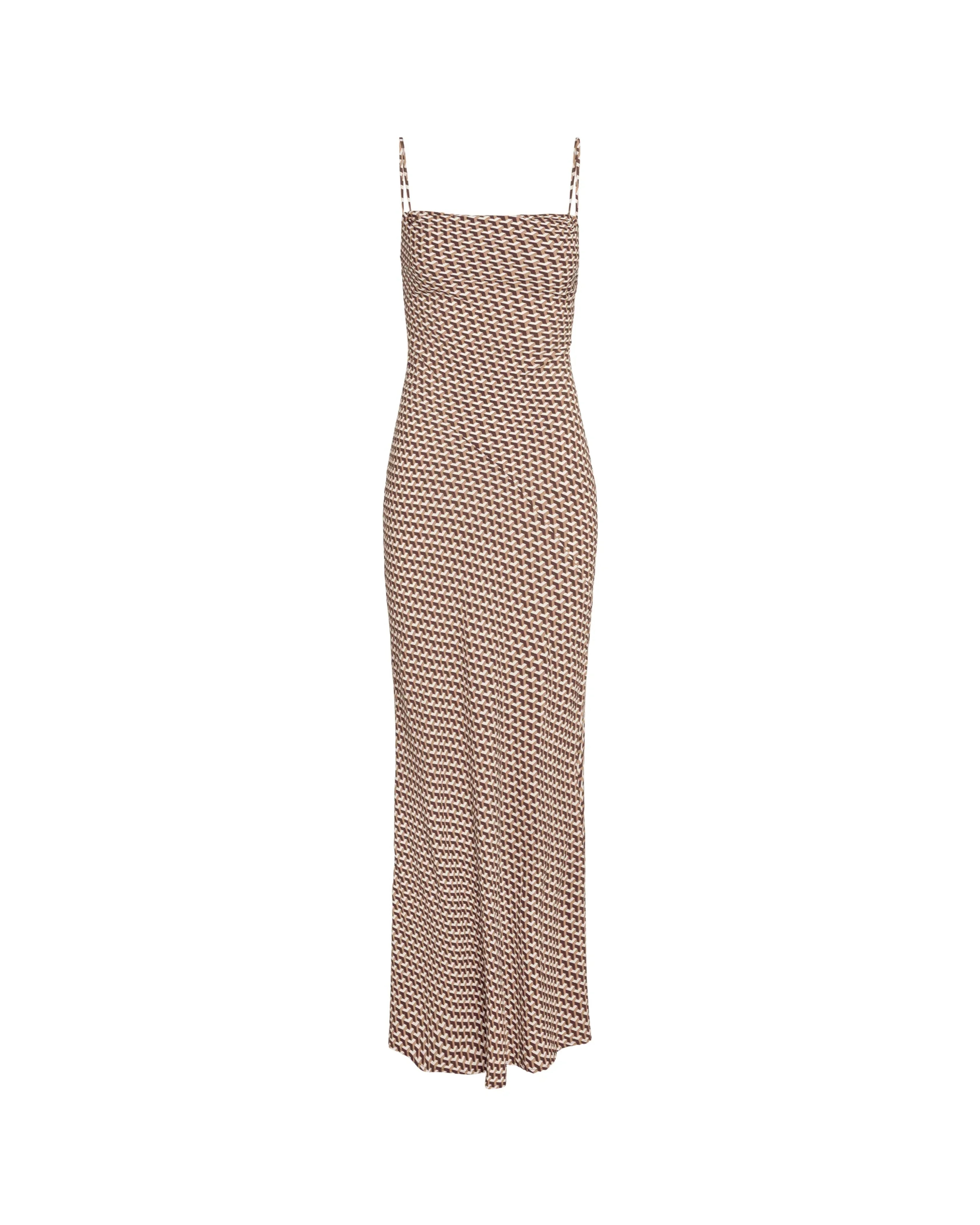 Sleeveless maxi dress in beige and brown geometric print with square neckline and thin adjustable straps — Monday Swimwear | Endless UAE