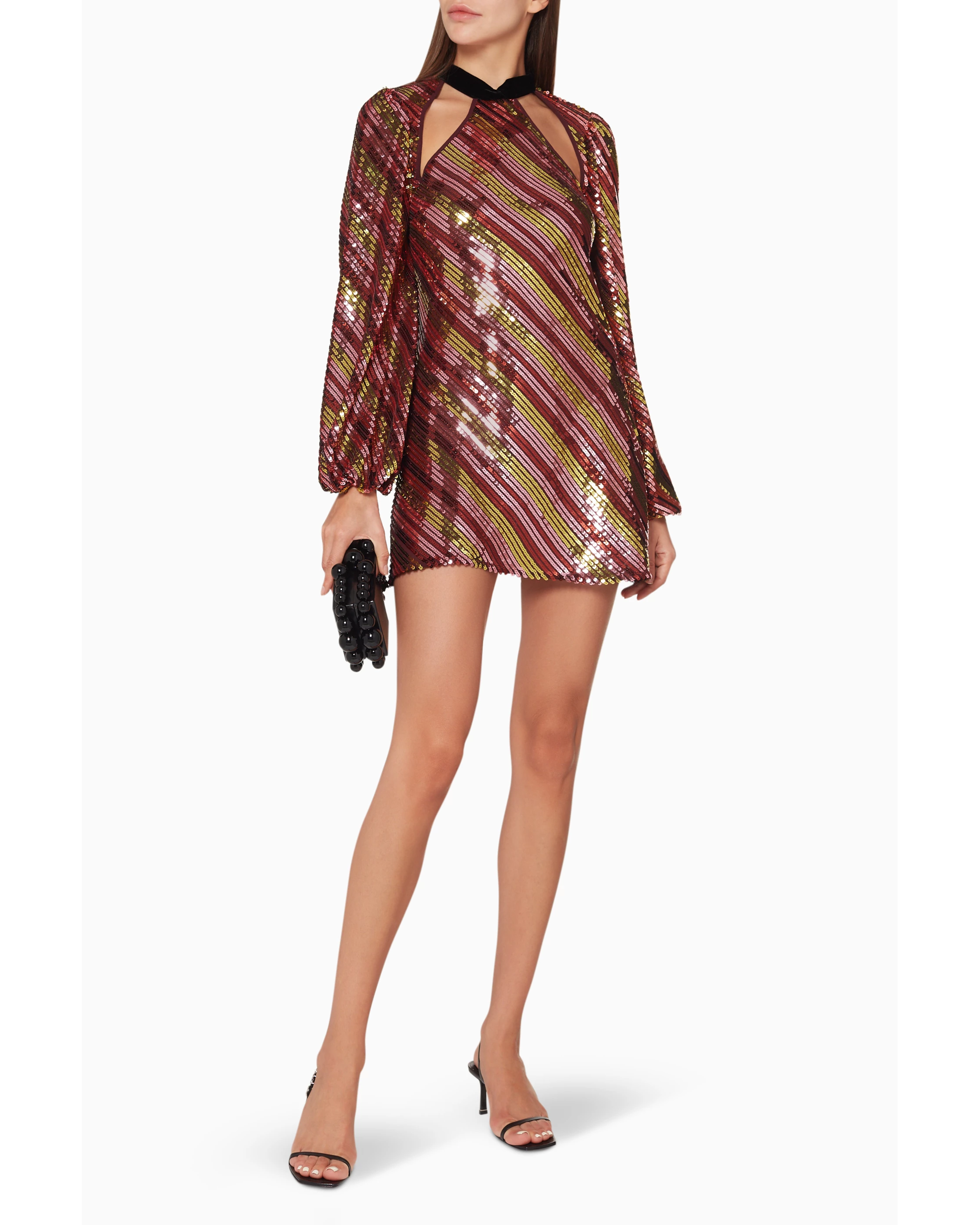 Harriet burgundy sequined mini dress with black velvet collar and cutout details — RIXO | Endless UAE