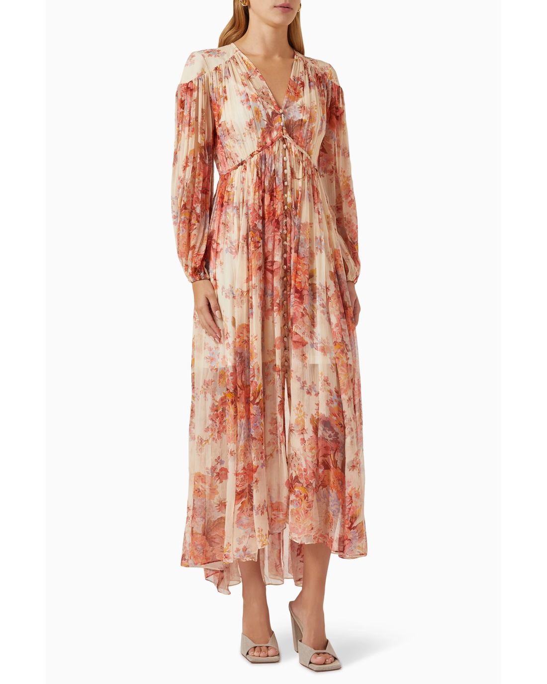 Floral print maxi dress with gathered yolk detail, long sleeves and flowing silhouette in cream and coral tones — Zimmermann | Endless UAE