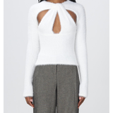 White fuzzy long-sleeve top with geometric chest cutouts paired with grey tailored trousers — Coperni | Endless UAE