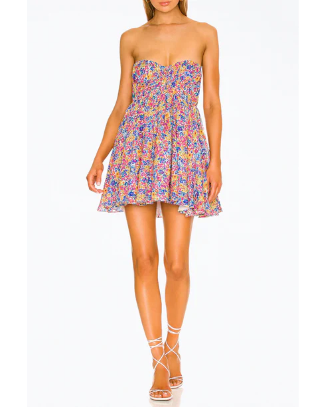 Colorful floral-print strapless bustier mini dress with smocked bodice and flared skirt — For Love & Lemons | Endless UAE
