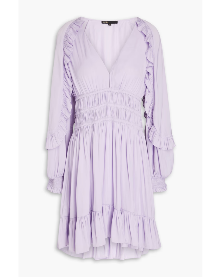 Light purple long sleeve ruffle detail dress with V-neck and tiered skirt — Endless | Endless UAE