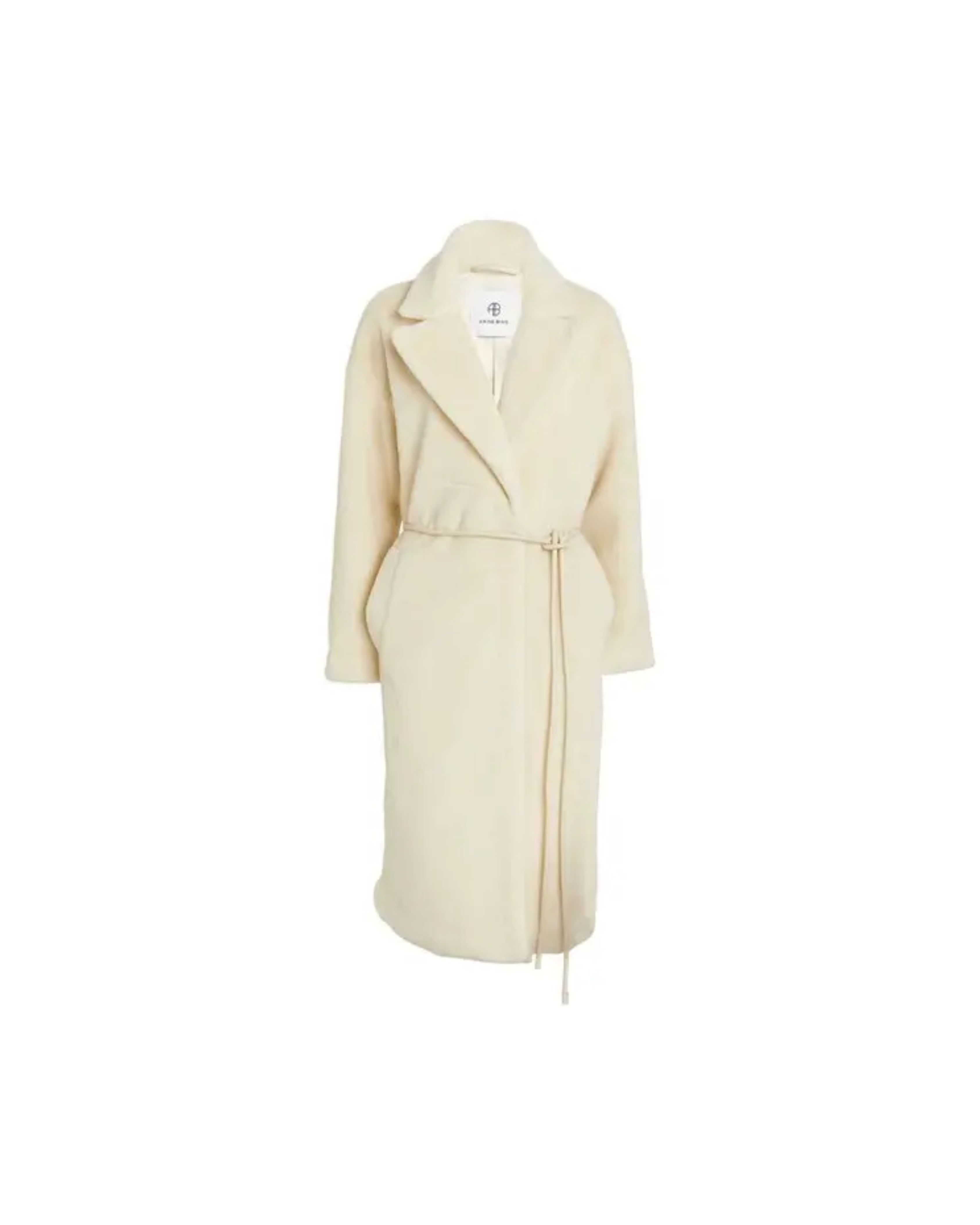 Cream faux fur long coat styled with cream cutout top, black cropped pants and black heels — Anine Bing | Endless UAE