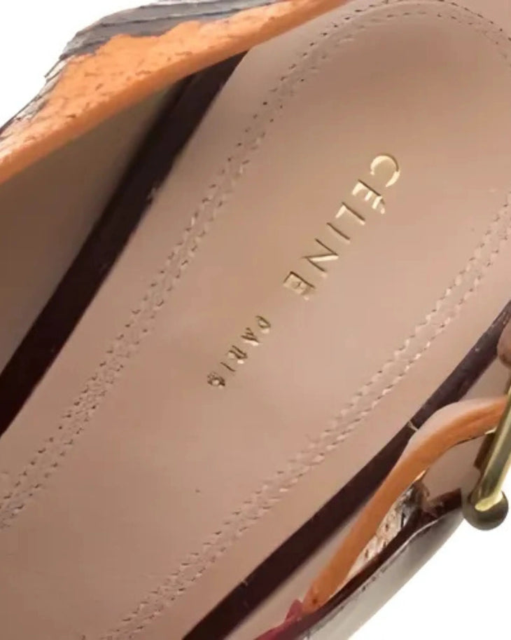 Brown leather and python slingback wedge sandals with buckle closure — Celine | Endless UAE