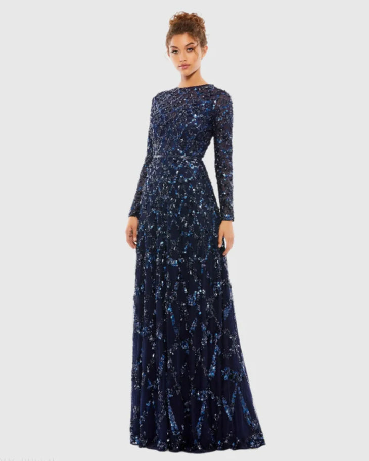 Navy embellished long sleeve A-line gown with high neckline and shimmering sequin details — Mac Duggal | Endless UAE