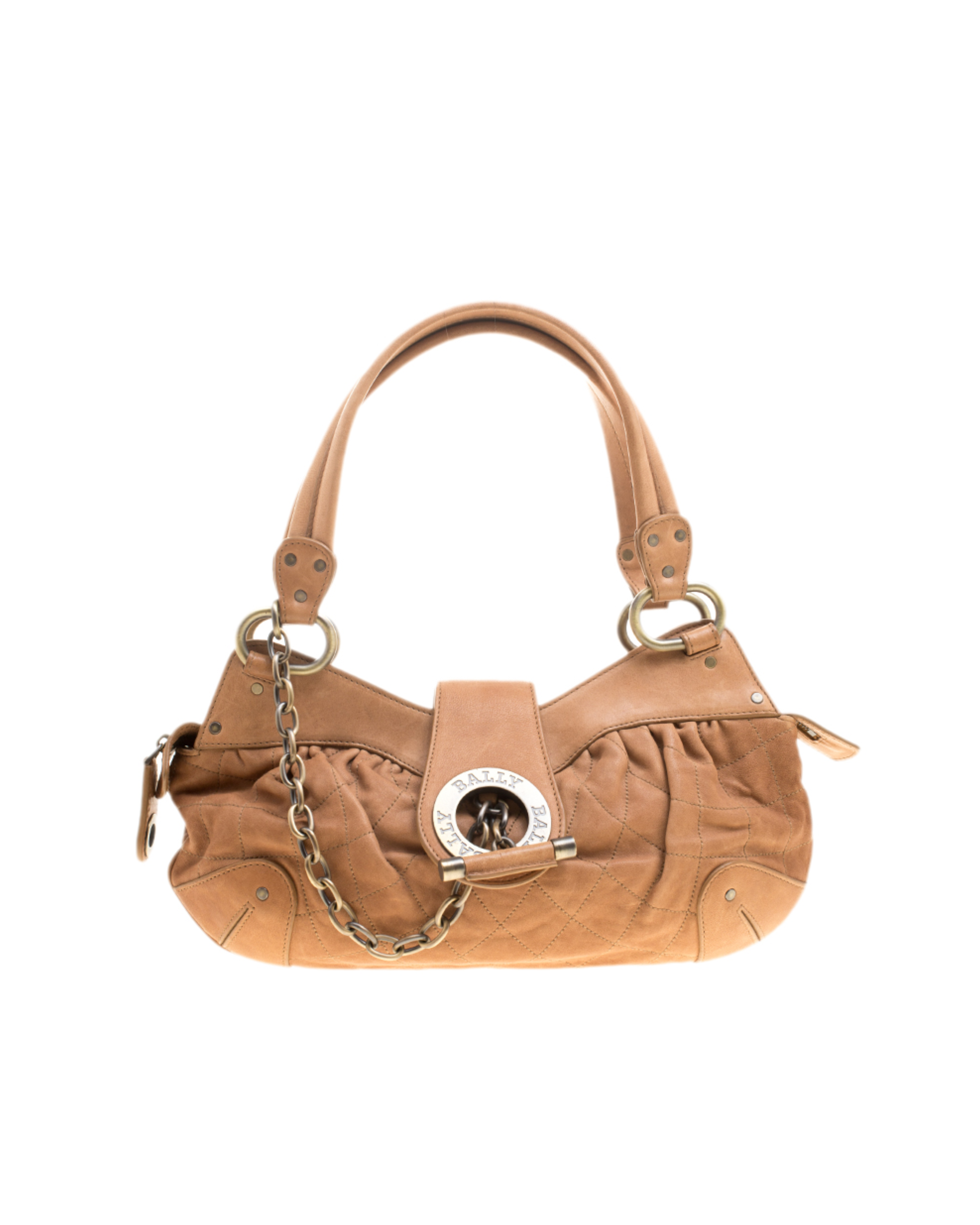 Tan quilted leather satchel with chain detail and circular logo clasp — Bally | Endless UAE