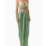 Woman wearing sage green ruched cutout maxi dress with metallic finish and strappy sandals — Baobab | Endless UAE