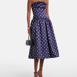Navy polka-dot strapless cocktail dress with full skirt — Self-Portrait | Endless UAE