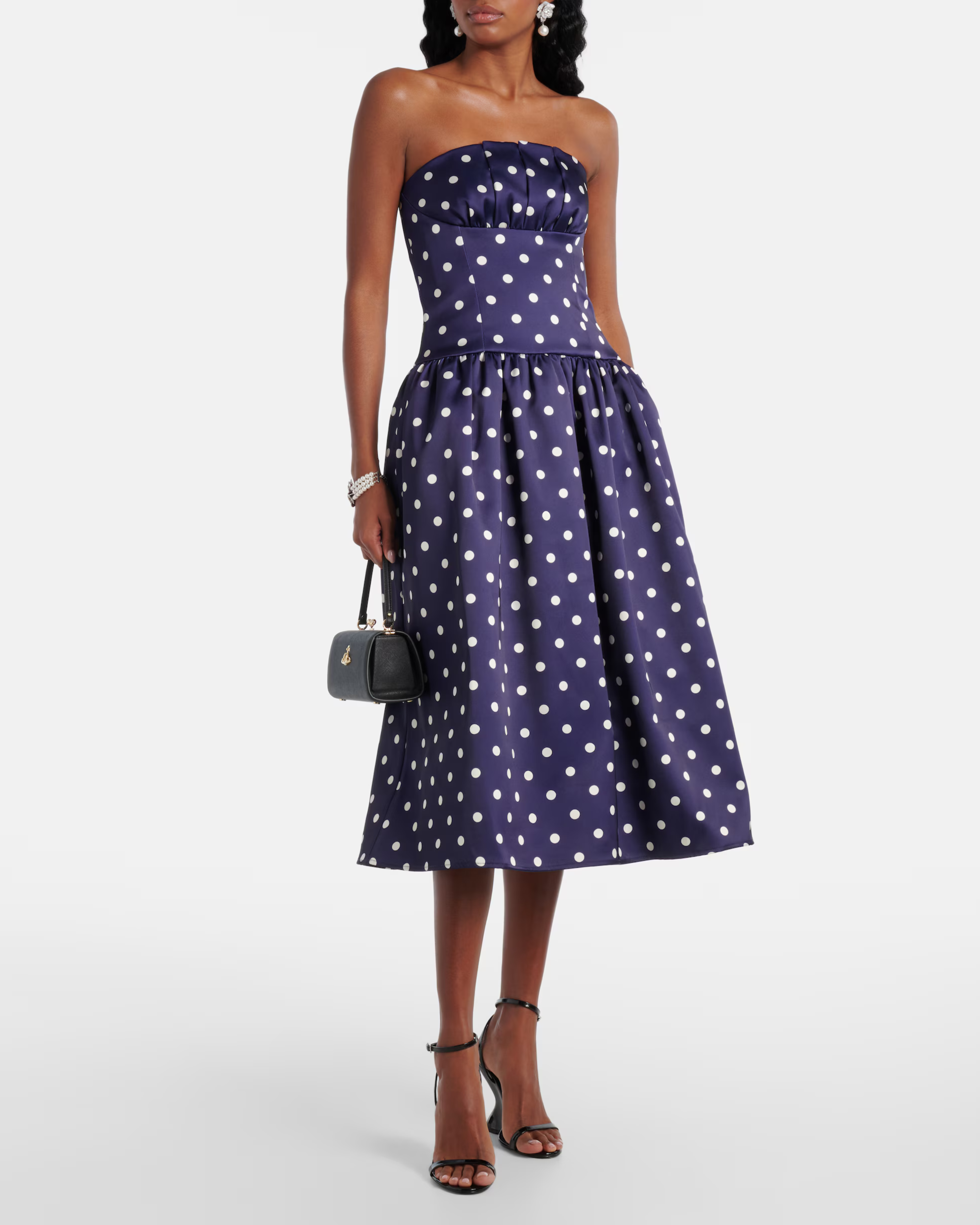 Navy polka-dot strapless cocktail dress with full skirt — Self-Portrait | Endless UAE