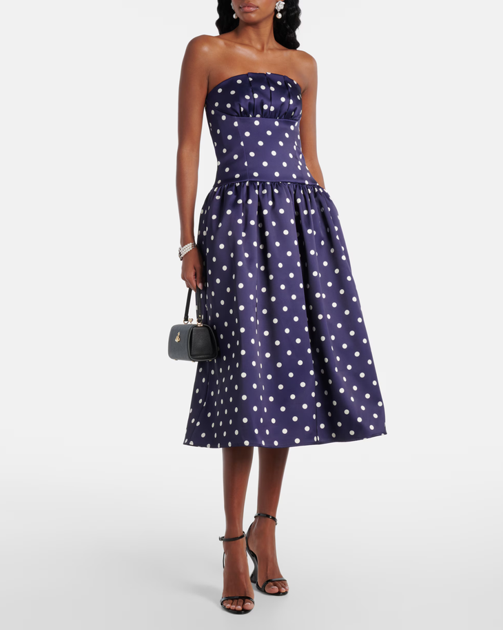 Navy polka-dot strapless cocktail dress with full skirt — Self-Portrait | Endless UAE