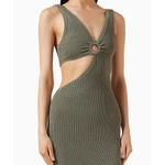 Olive green knit mini dress with asymmetric cutout detail and ring hardware at front — Misha | Endless UAE