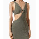 Olive green knit mini dress with asymmetric cutout detail and ring hardware at front — Misha | Endless UAE