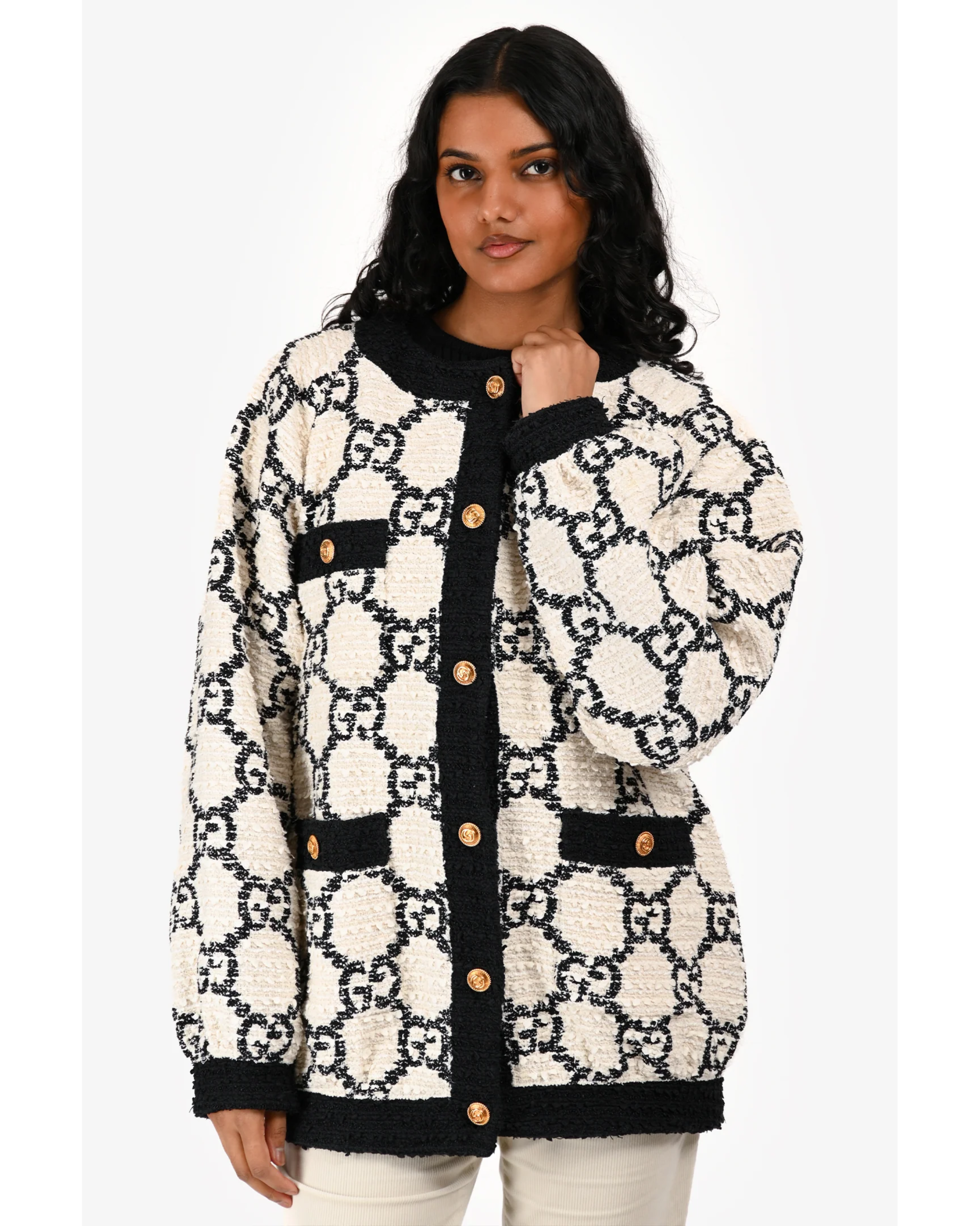 Black and cream GG monogram jacquard bomber jacket with gold buttons — Gucci | Endless UAE