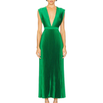 Woman wearing sleeveless green pleated maxi dress with deep V-neckline and cinched waist — L'IDÉE | Endless UAE