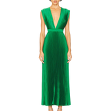 Woman wearing sleeveless green pleated maxi dress with deep V-neckline and cinched waist — L'IDÉE | Endless UAE