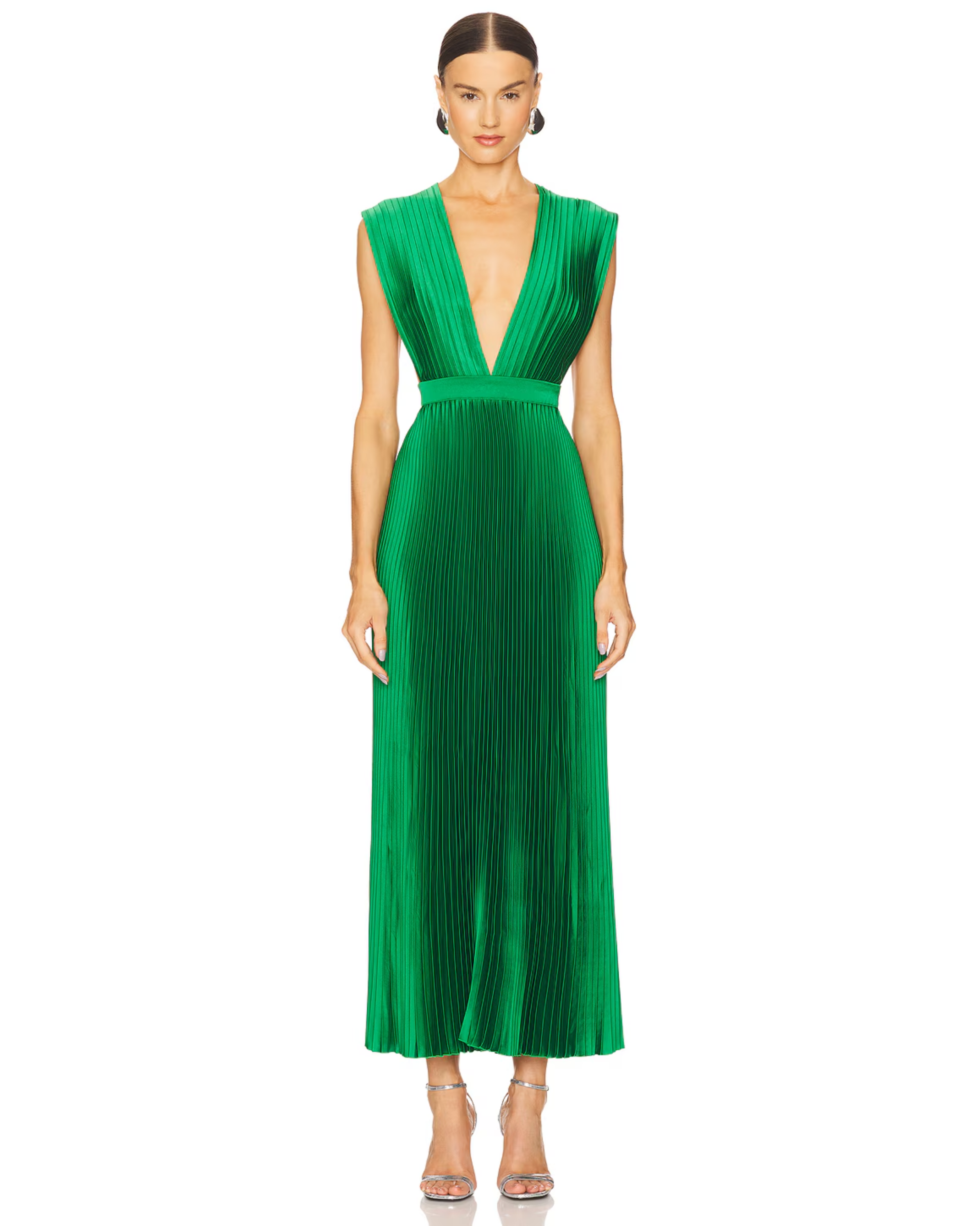 Woman wearing sleeveless green pleated maxi dress with deep V-neckline and cinched waist — L'IDÉE | Endless UAE