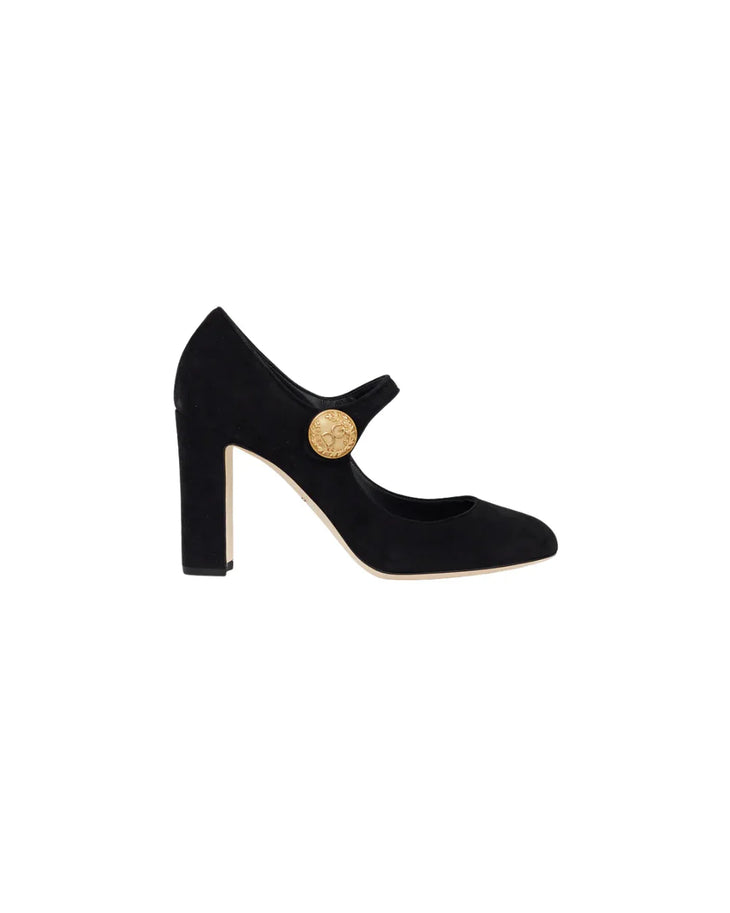 Black suede Mary Jane pump with gold button detail and chunky heel — Dolce & Gabbana | Endless UAE