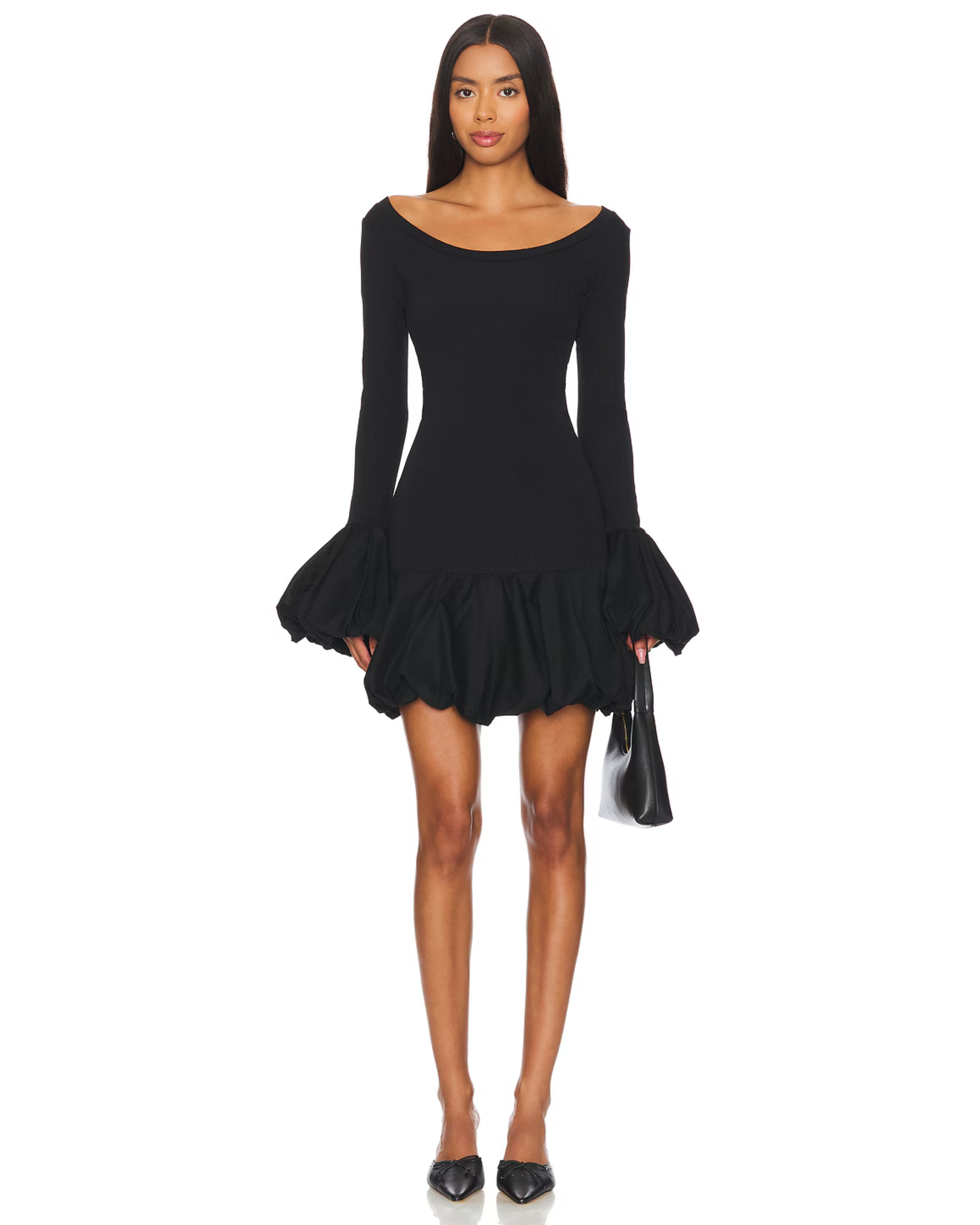 Black balloon contrast knit dress with long sleeves and ruched hem — Aaizel | Endless UAE